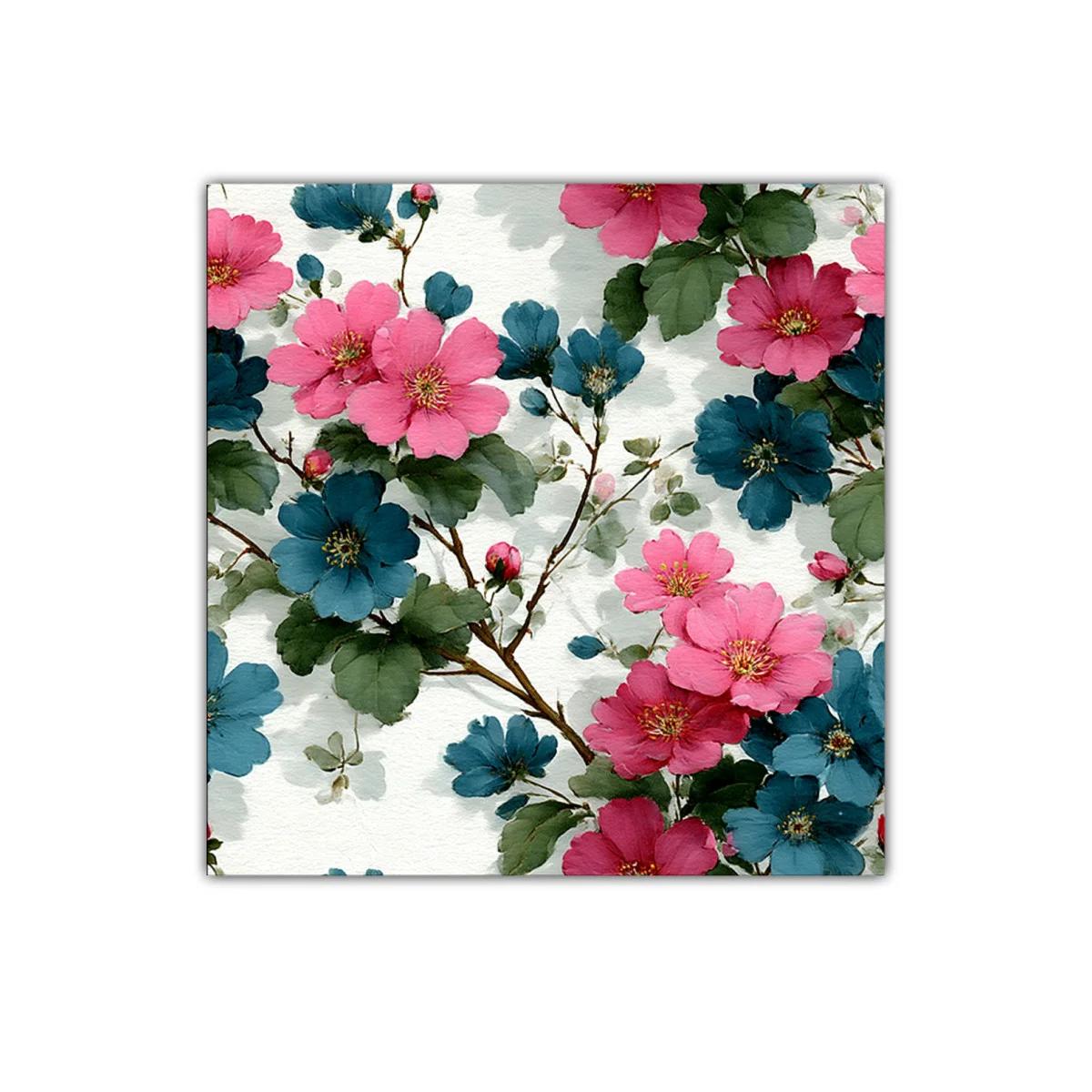 Cuadro decorativo floral en tonos rosa y azul intenso