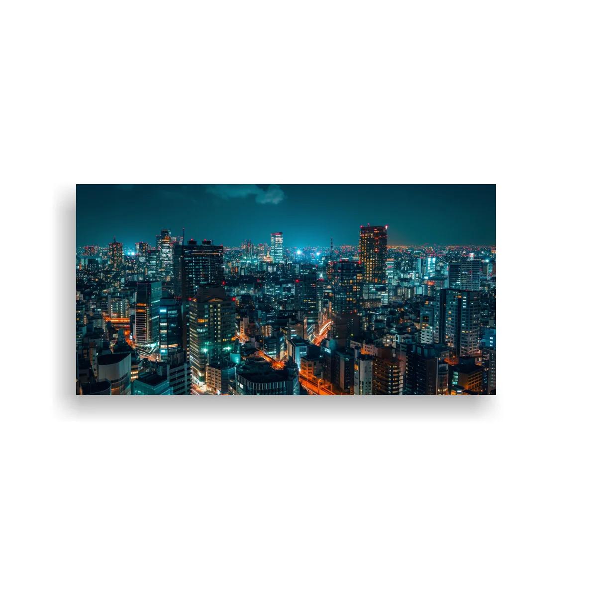 Cuadro skyline urbano nocturno en verde azulado