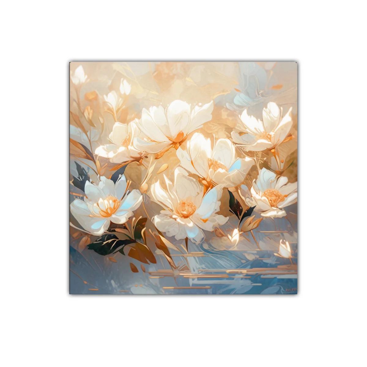 Cuadro floral con flores blancas y tonos cálidos y azules