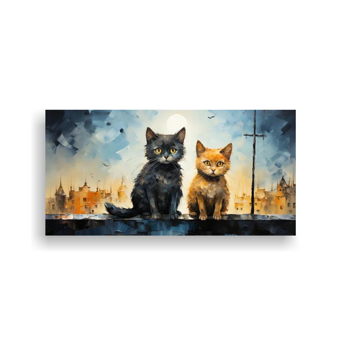 Cuadro dos gatos sentados con skyline urbano y cielo amplio