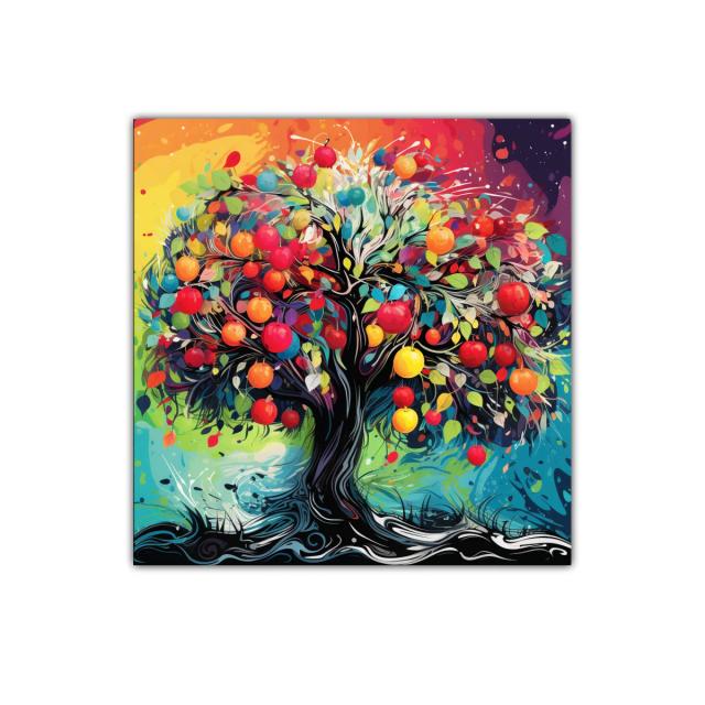 Árbol colorido con frutos vibrantes y fondo multicolor