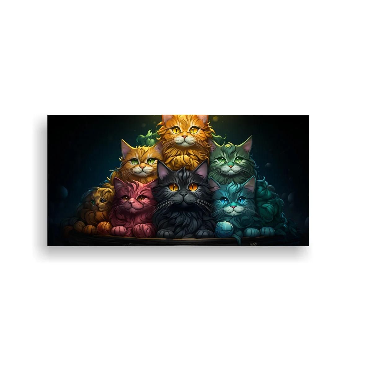 Cuadro grupo de gatos de ojos brillantes con pelaje multicolor