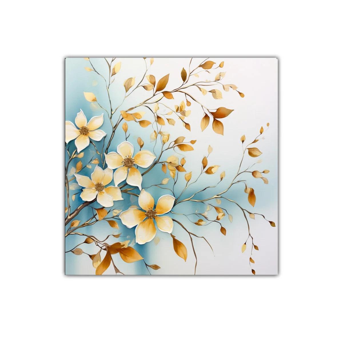 Cuadro floral con delicados tonos dorados y azul celeste — imagen principal