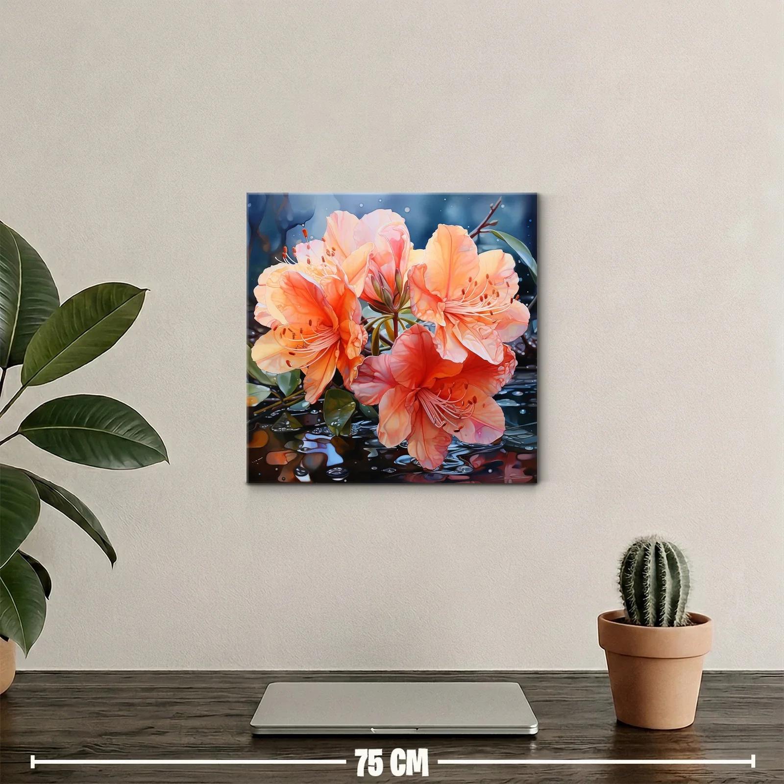 Cuadro vibrante con flores naranjas y reflejos acuáticos — miniatura 2