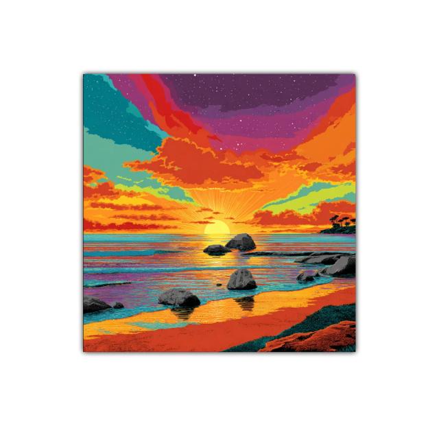 Atardecer vibrante sobre la costa con cielos estrellados