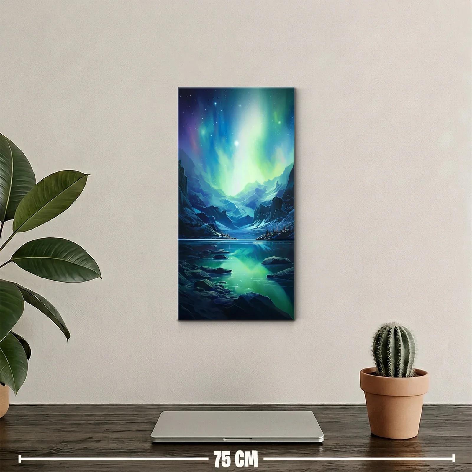 Cuadro aurora boreal sobre lago de montaña con reflejo de luz — miniatura 2