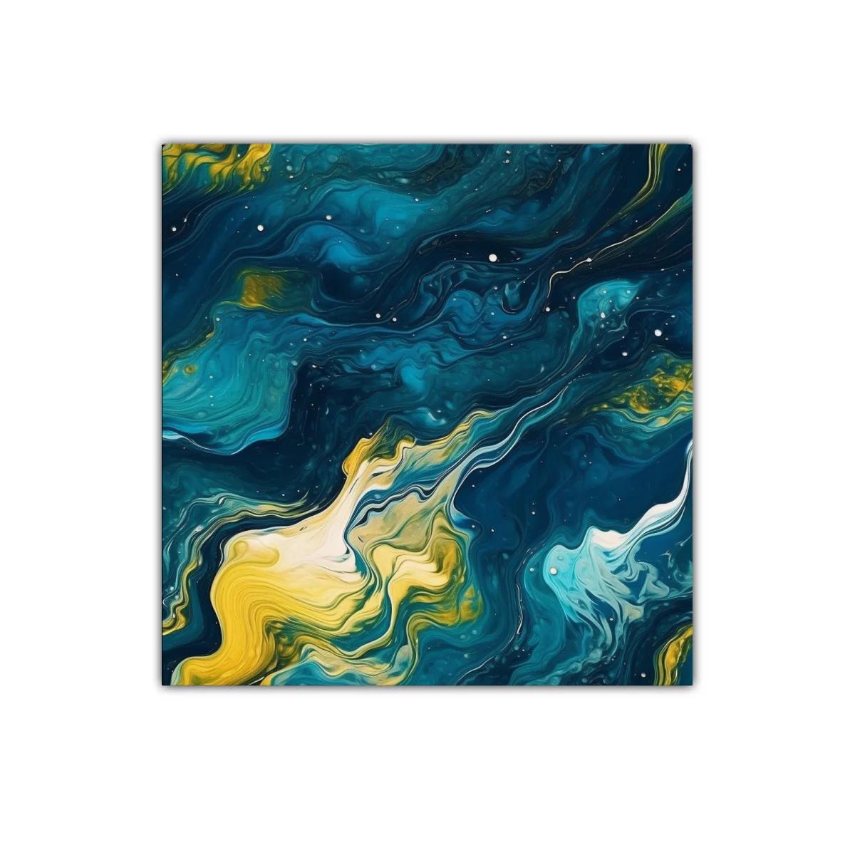 Cuadro abstracto de ondas fluidas en azul y amarillo — miniatura 1
