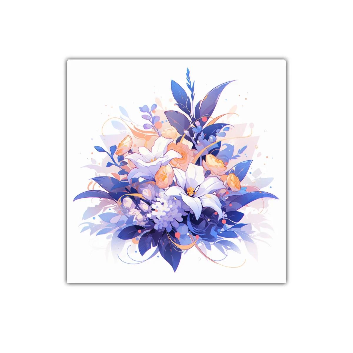 Armonioso ramo floral en tonos azules y melocotón