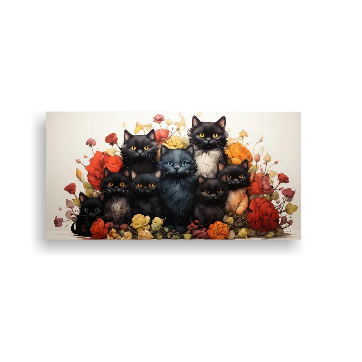 Cuadro grupo de gatos negros entre flores