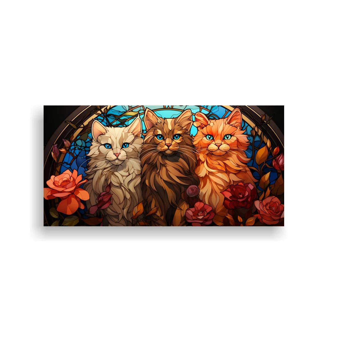 Cuadro tres gatos de pelo largo con vidriera floral