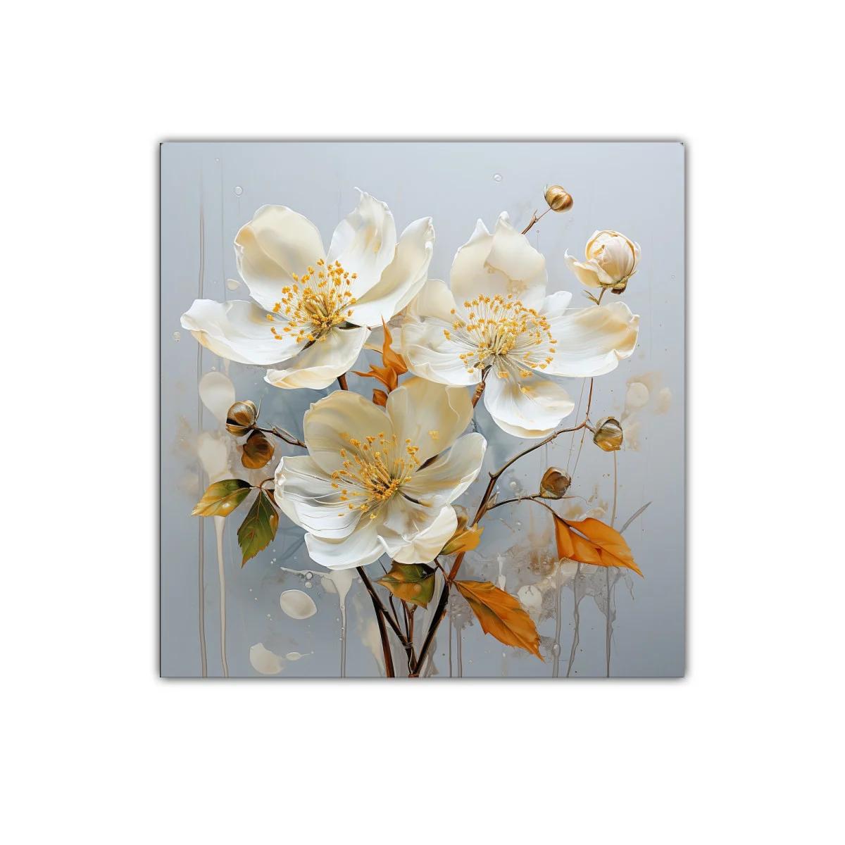 Cuadro decorativo flores blancas con hojas doradas y fondo neutro