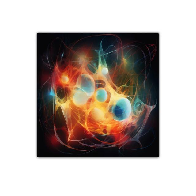 Cuadro abstracto con esferas vibrantes y líneas dinámicas
