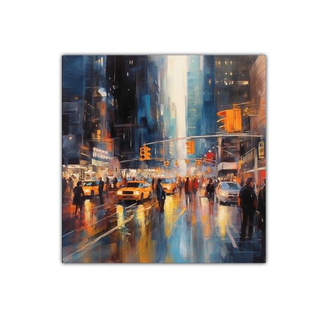 Atardecer vibrante en calle urbana con reflejos luminosos