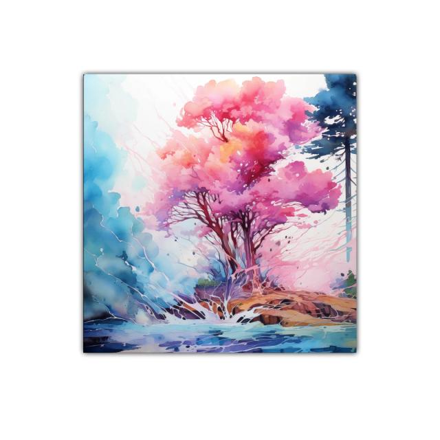 Árbol con vibrantes tonos rosas y azules en paisaje sereno