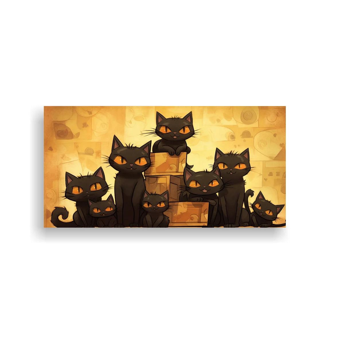 Cuadro grupo de gatos negros sobre cajas de cartón
