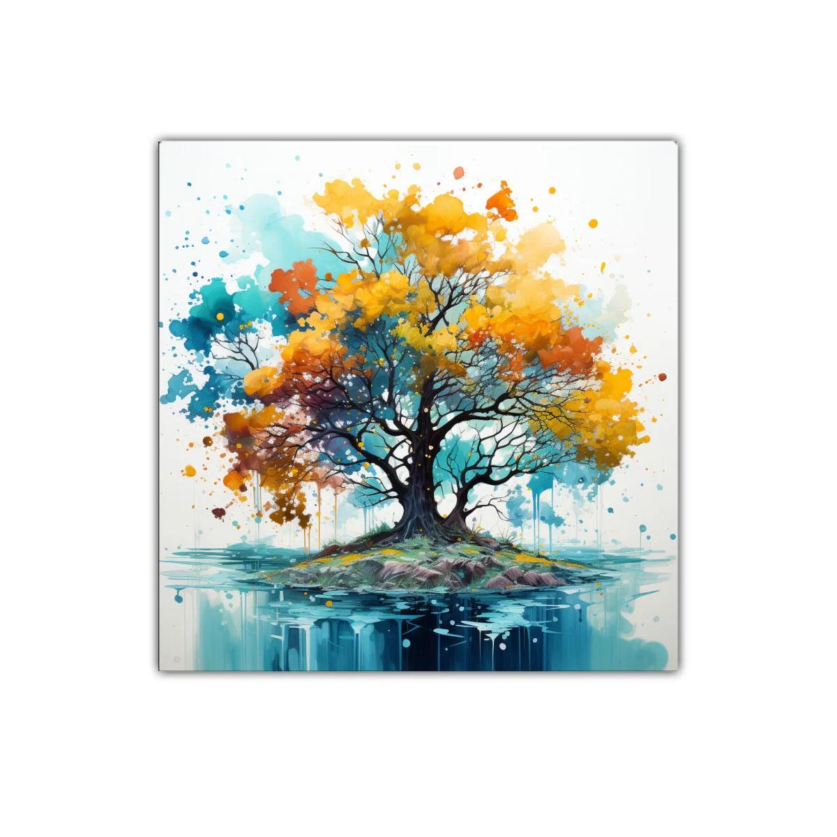 Árbol colorido en isla con reflejo en agua