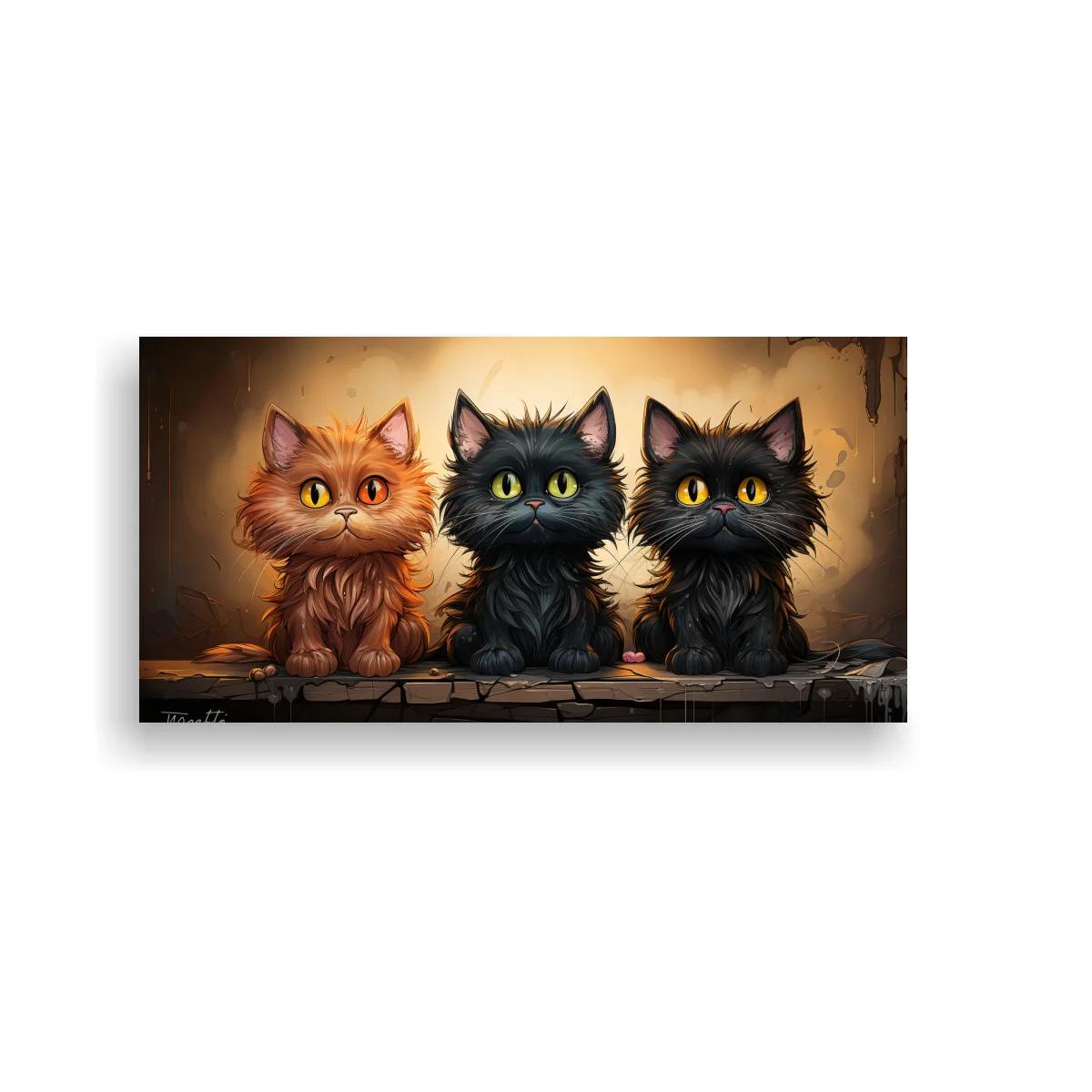 Cuadro tres gatos de ojos grandes sobre suelo de piedra