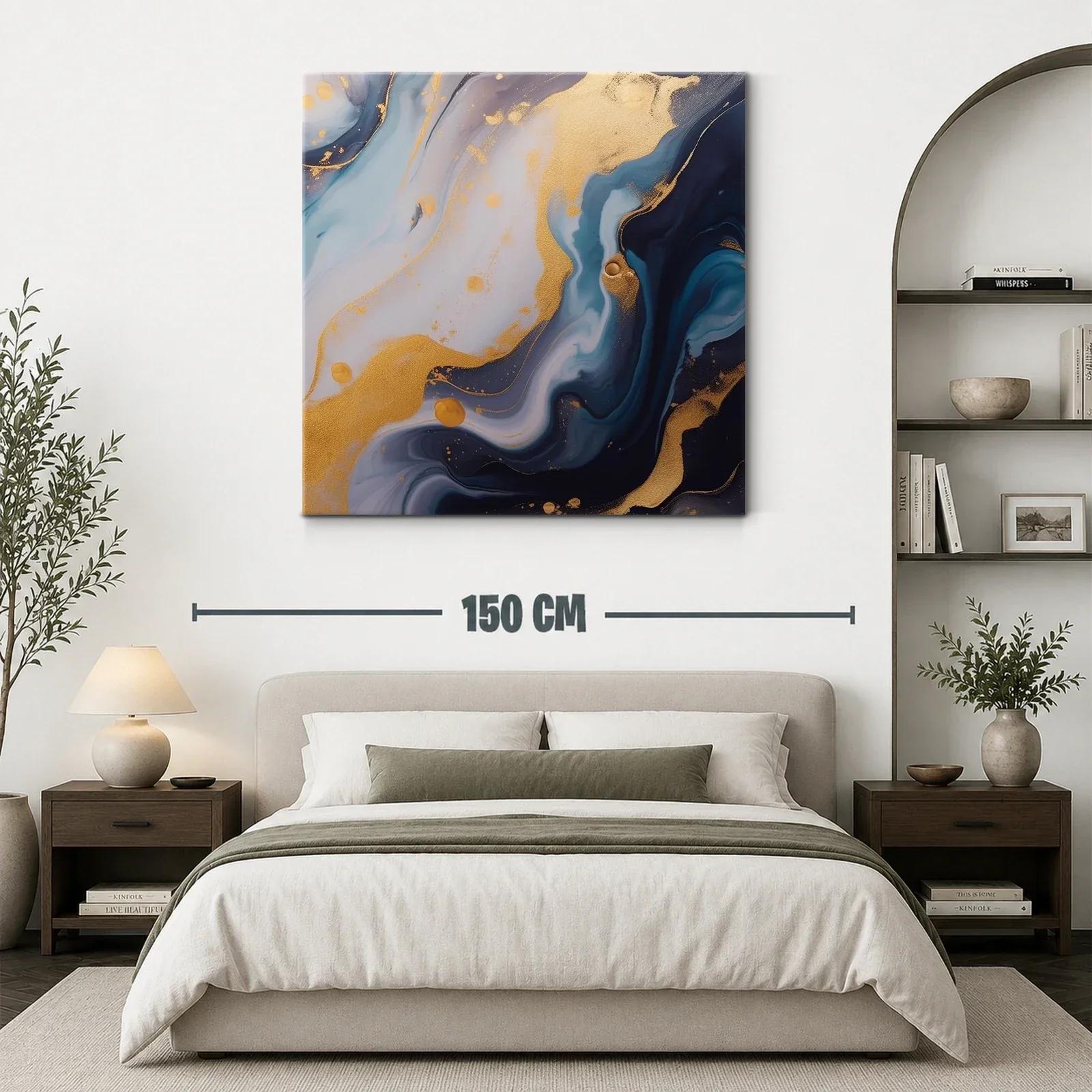 Cuadro abstracto con tonos azules y dorados luminosos — miniatura 3