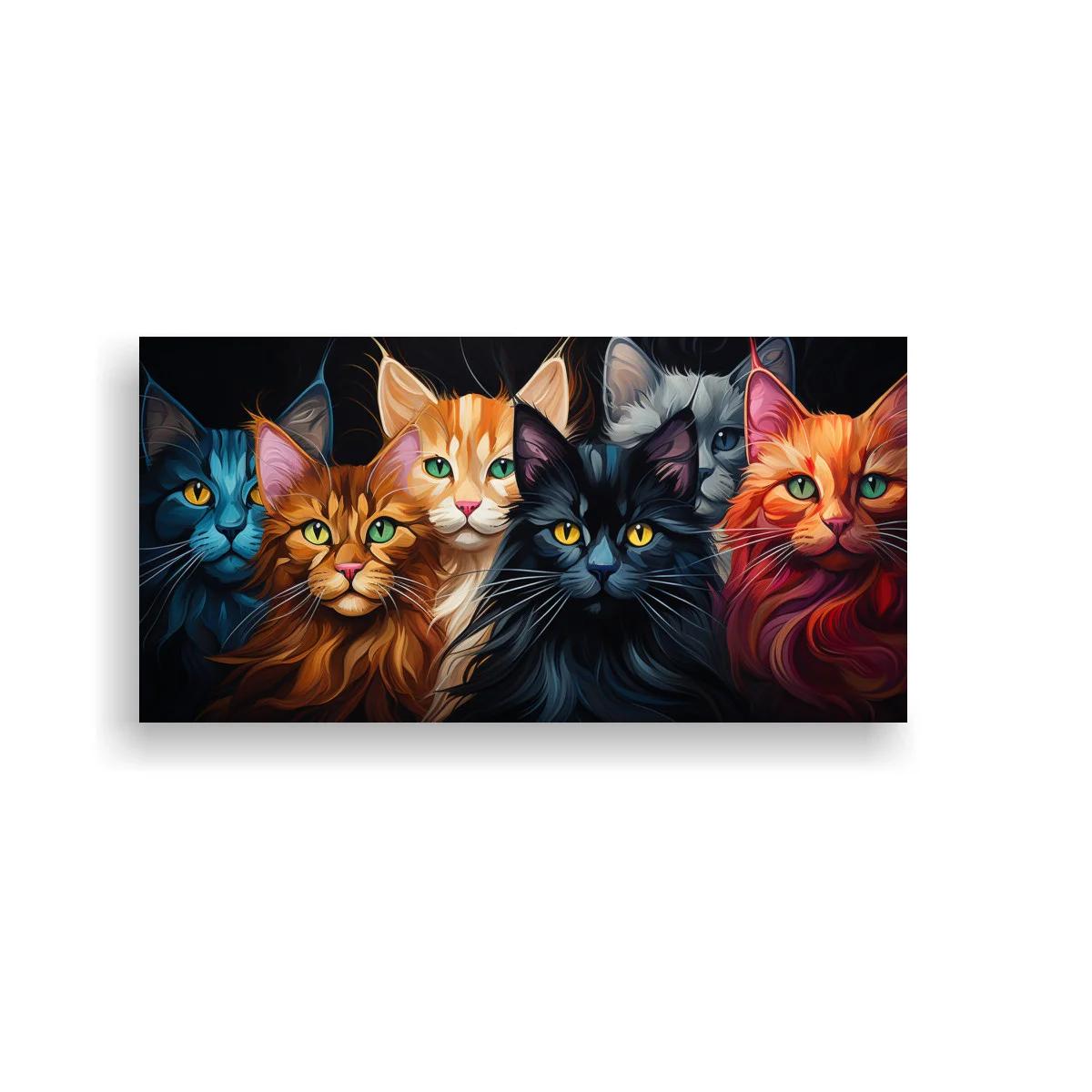 Cuadro grupo de gatos de colores sobre fondo oscuro