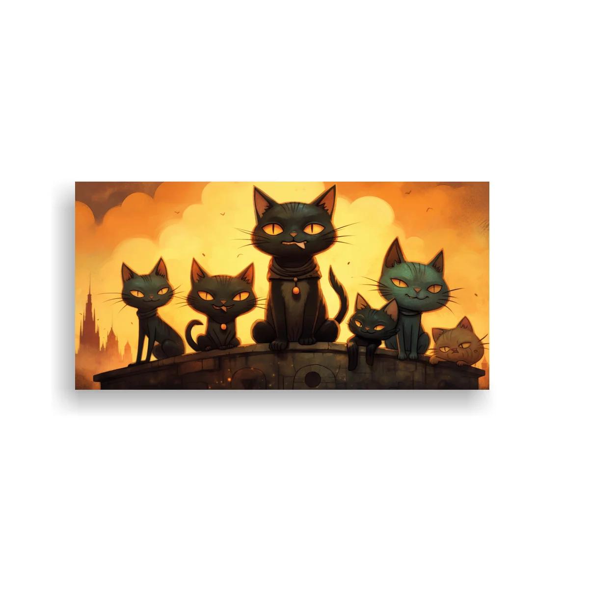 Cuadro grupo de gatos negros y un gato azul verdoso sobre borde