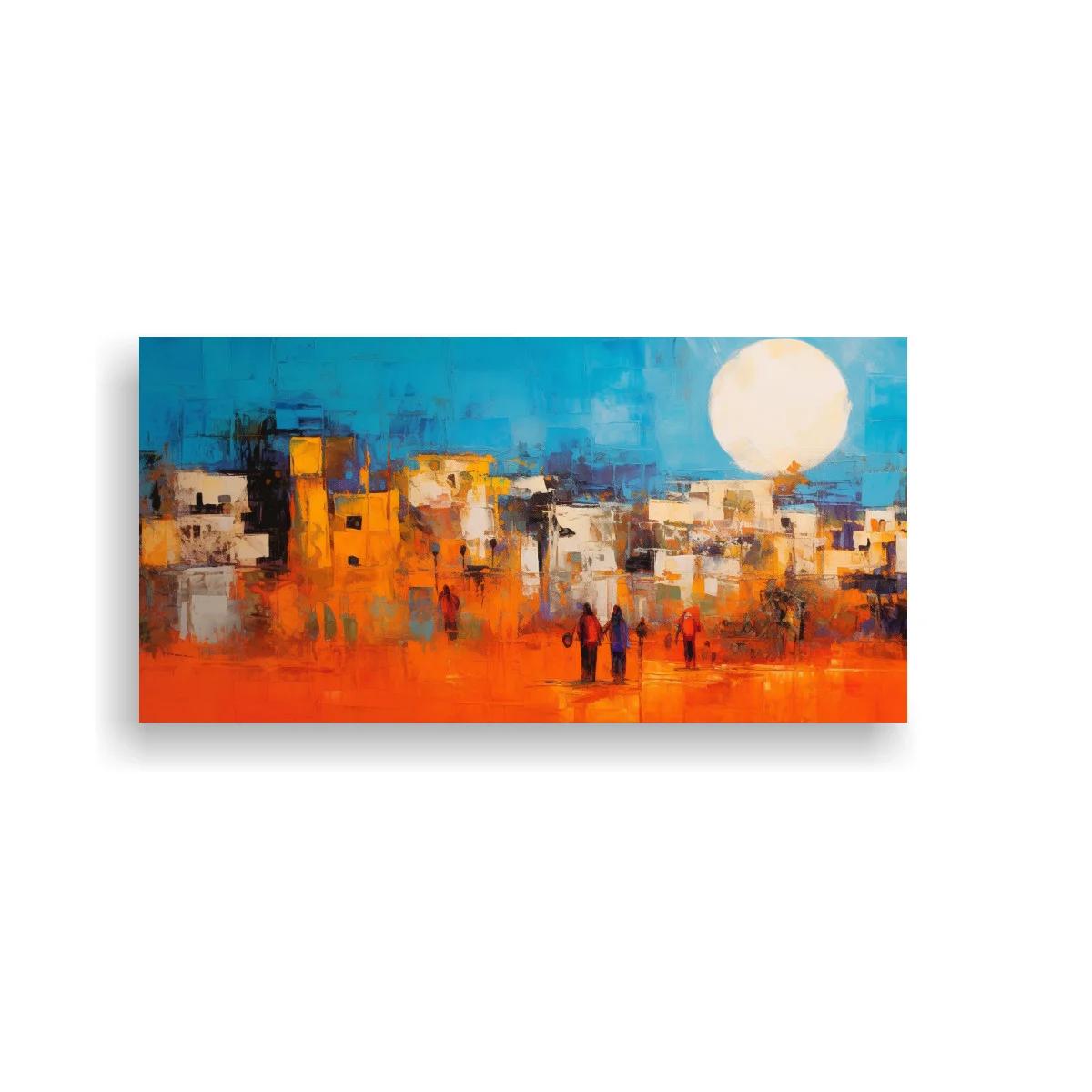 Cuadro pueblo mediterráneo con gran luna y figuras caminando