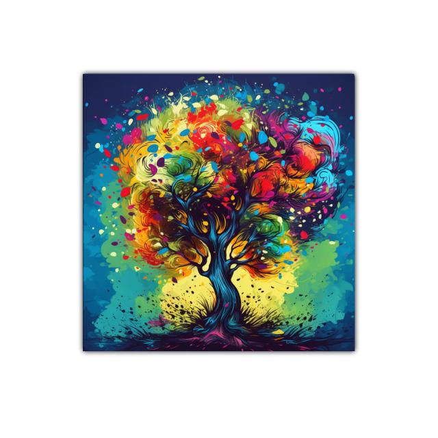 Árbol vibrante con follaje multicolor y fondo luminoso
