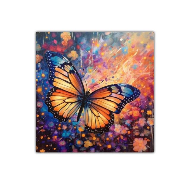 Mariposa vibrante entre flores en colores intensos