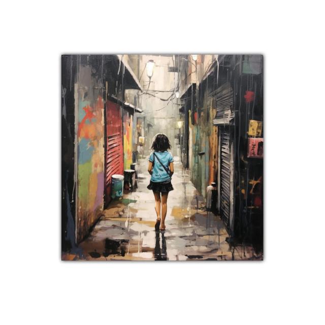 Callejón urbano con figura femenina caminando sola