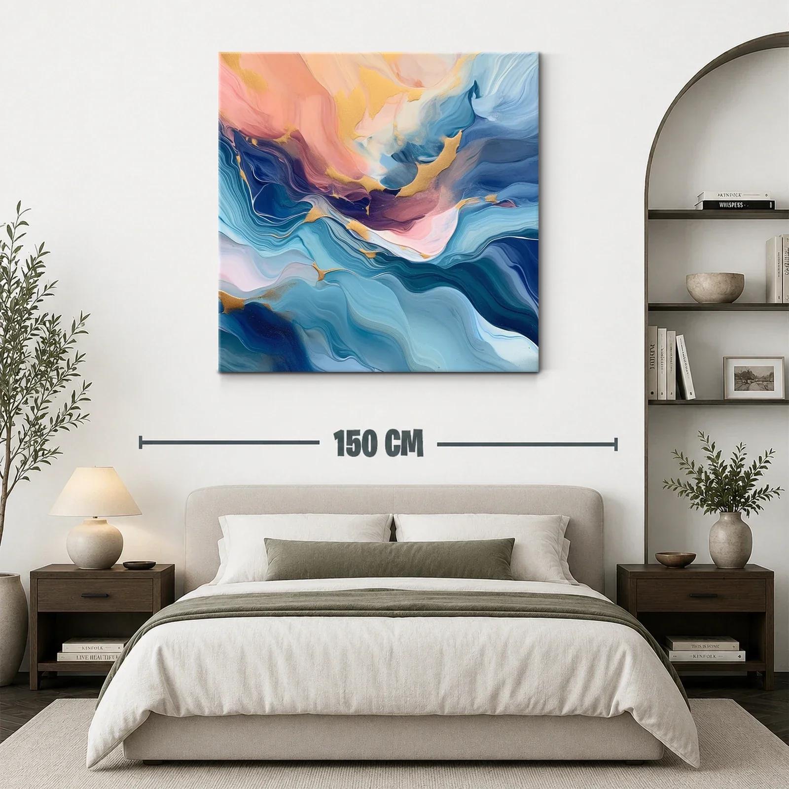 Cuadro abstracto en tonos azules y dorados con toques rosados — miniatura 3