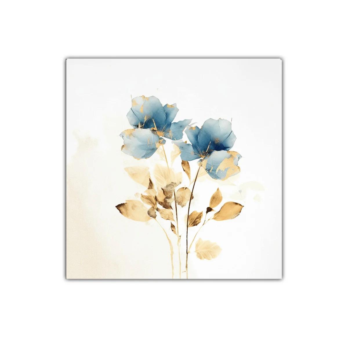 Cuadro decorativo con flores azules y detalles dorados