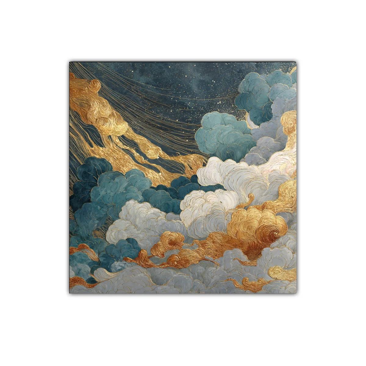Cuadro abstracto de nubes doradas y azules con estrellas