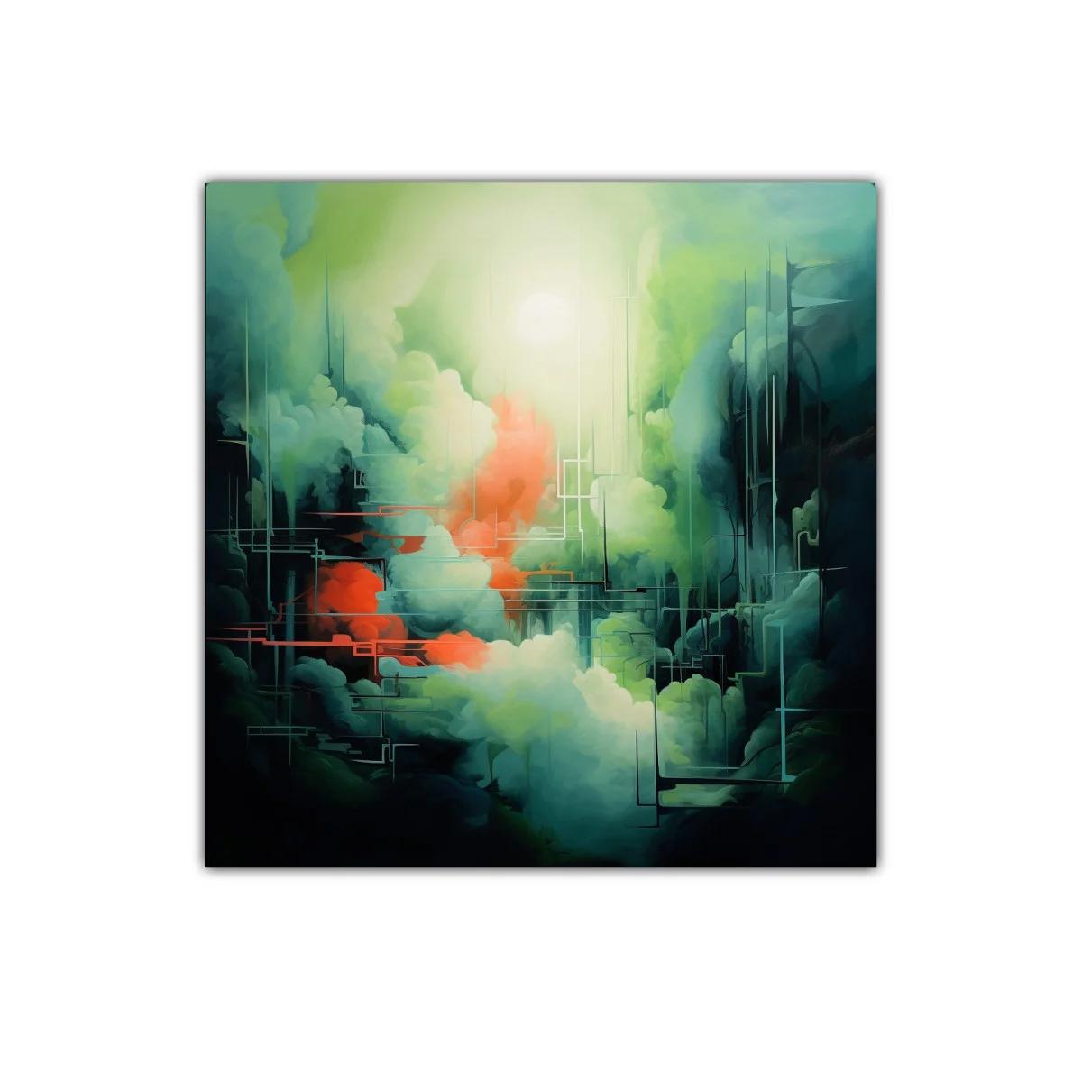 Cuadro abstracto con tonos verdes y toques cálidos vibrantes — imagen principal