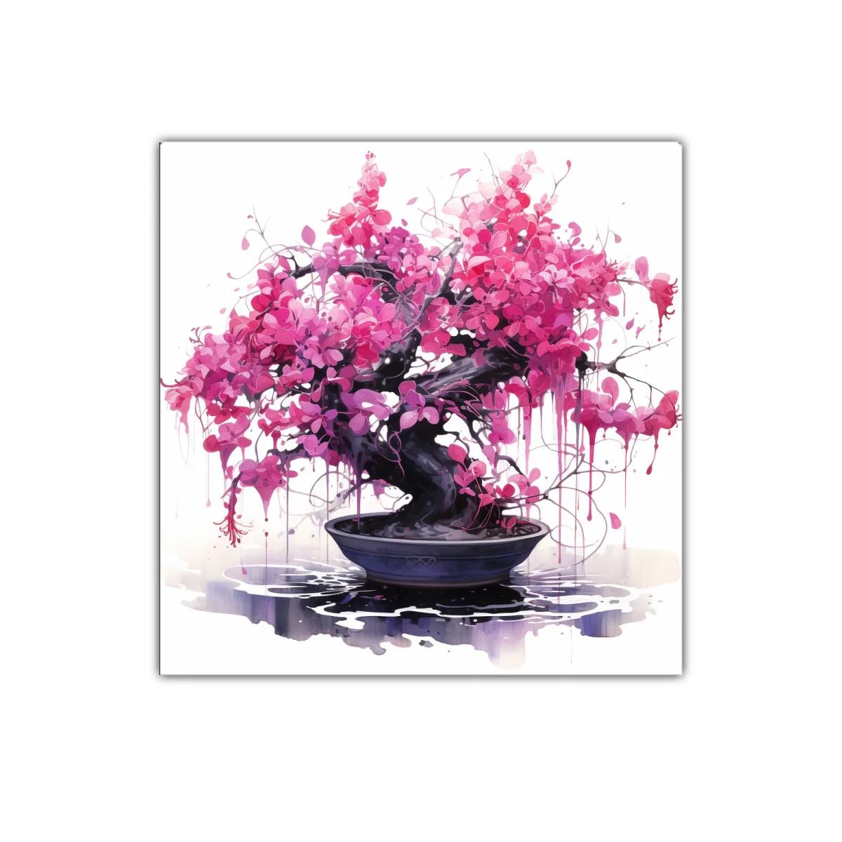 Bonsái en flor rosa vibrante sobre fondo luminoso blanco — miniatura 1