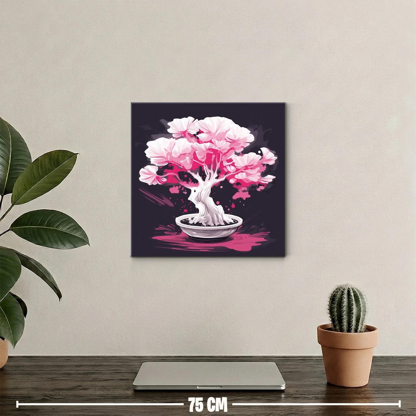 Bonsái en flor con tonos rosas vibrantes y fondo oscuro — miniatura 2