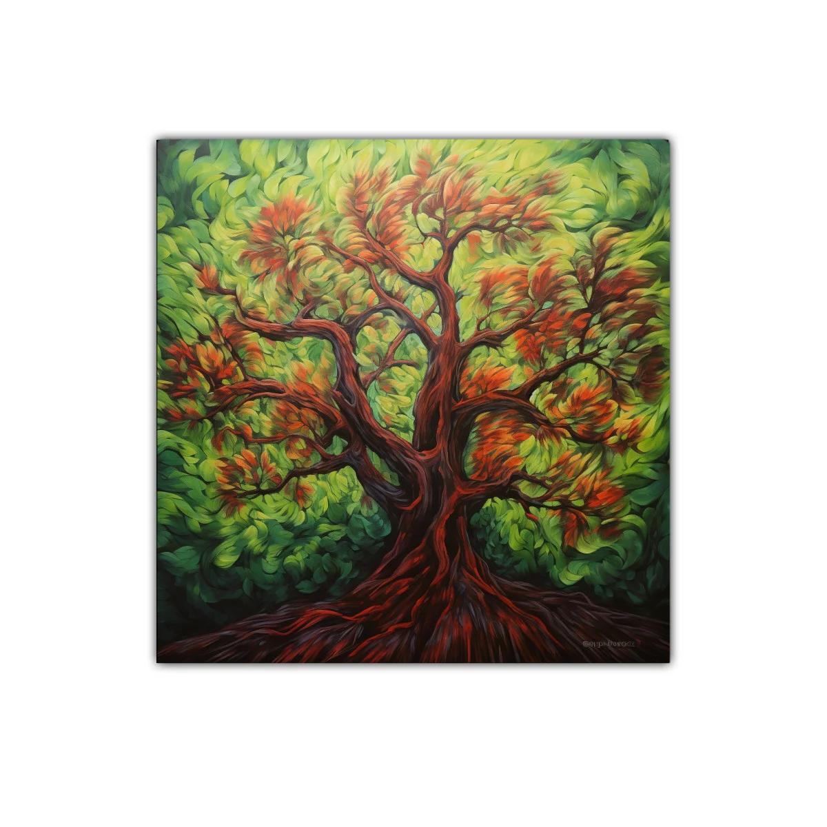 Árbol con hojas vibrantes en tonos verdes y rojos