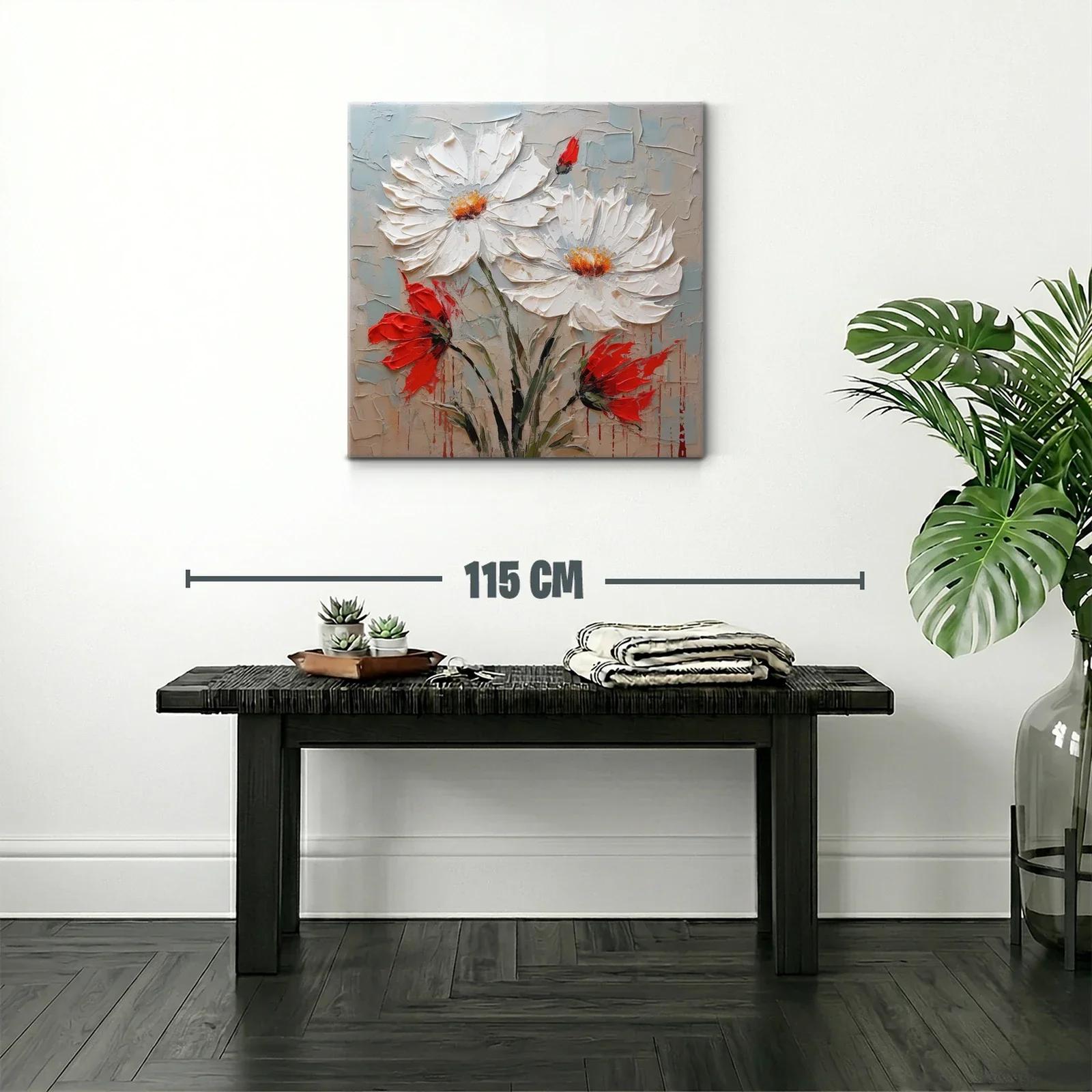 Cuadro floral en relieve con margaritas blancas y acentos rojos — miniatura 2