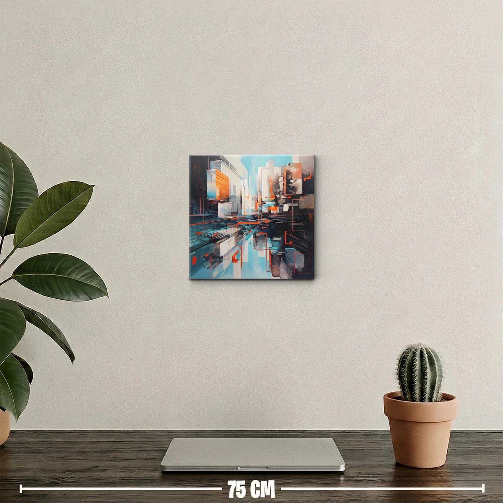 Cuadro abstracto urbano en tonos azules y naranjas vibrantes — miniatura 2