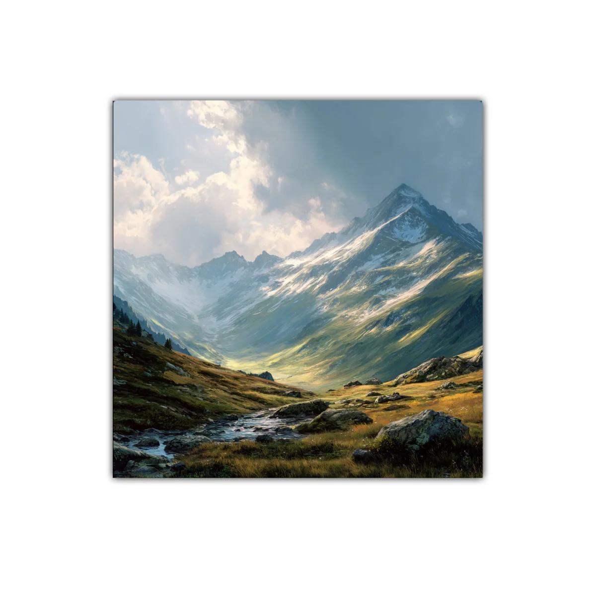 Paisaje de montaña con cielo dramático y río sereno