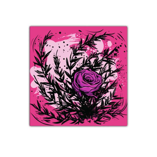 Rosa vibrante con follaje negro sobre fondo rosa intenso