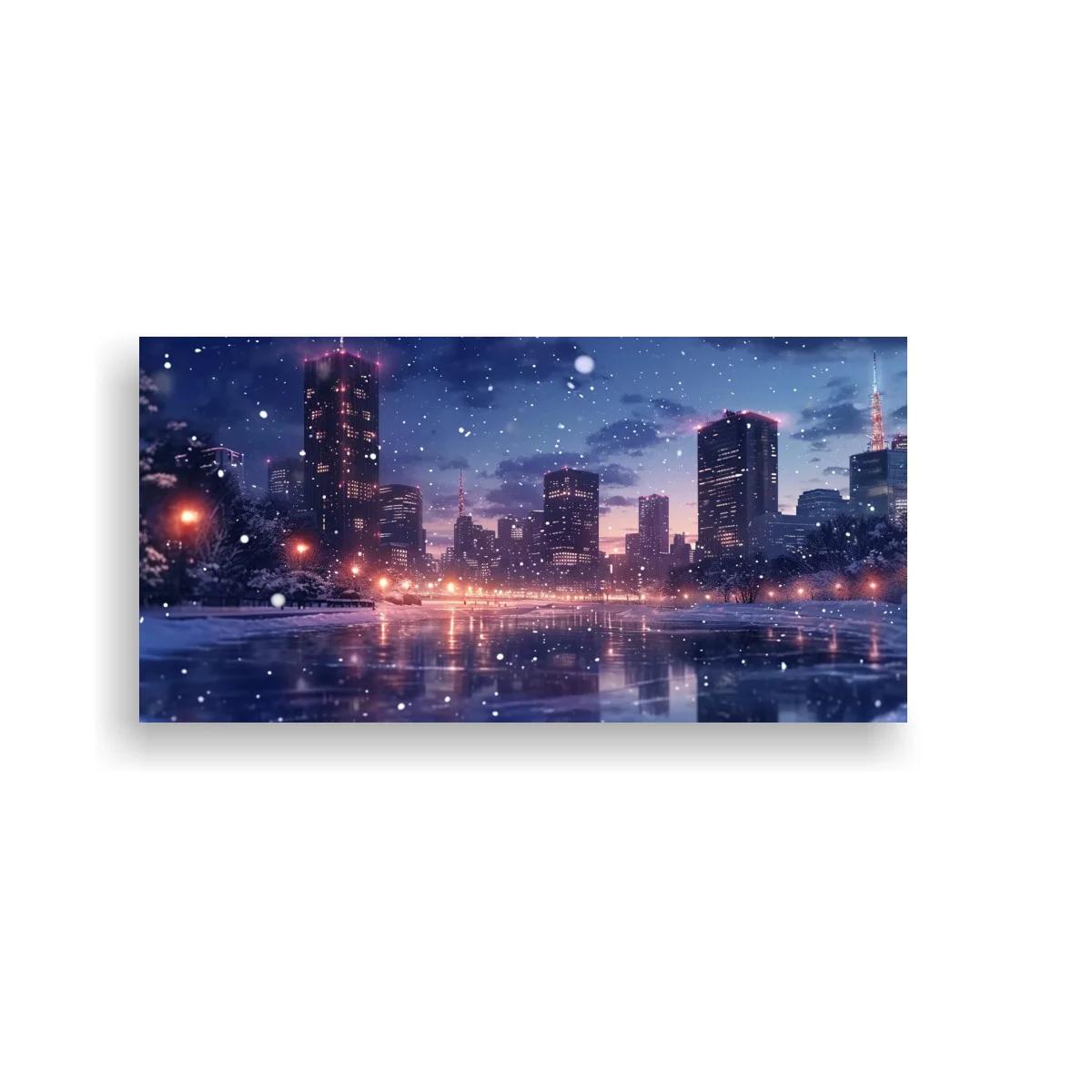 Cuadro skyline urbano nevado con orilla blanca