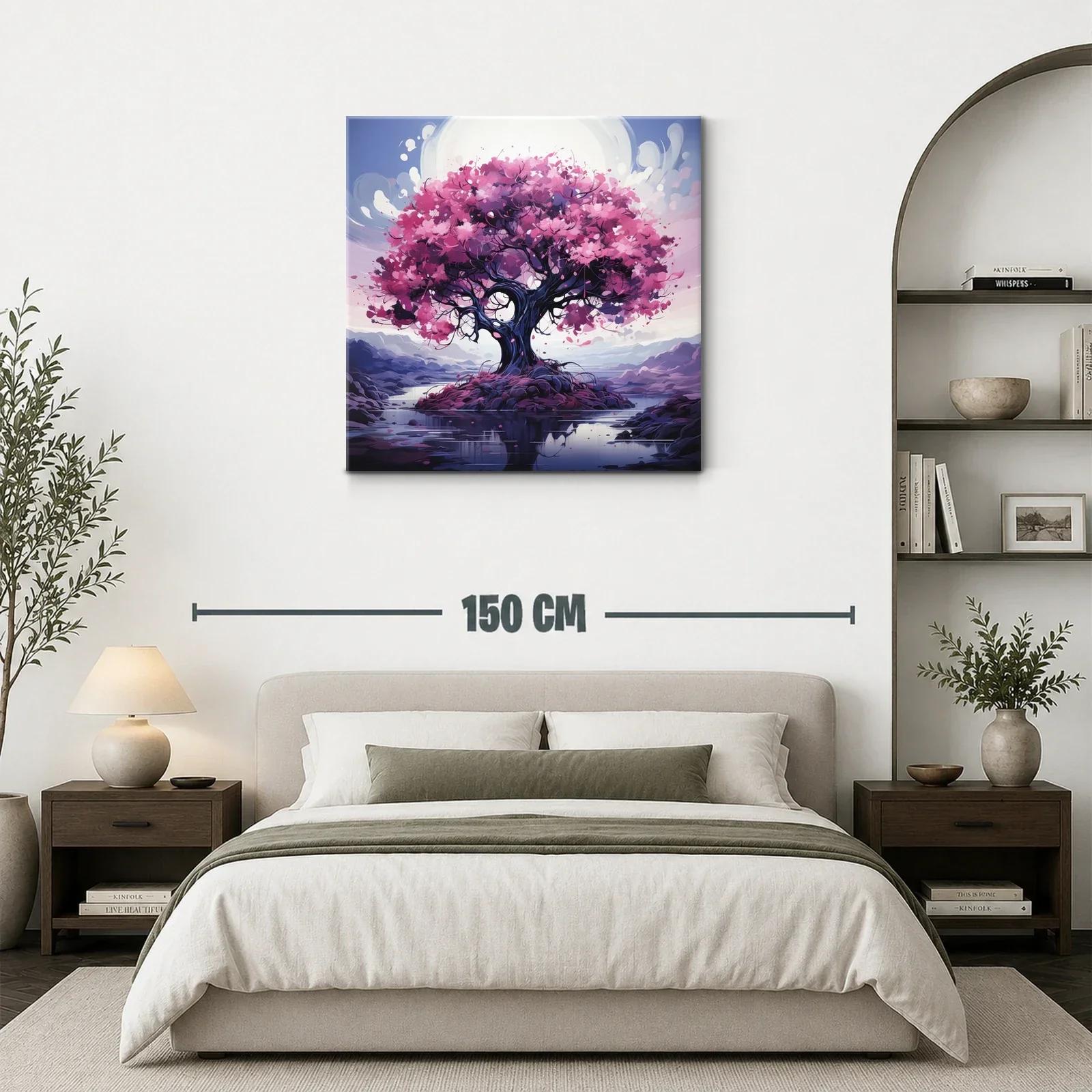 Árbol con flores rosas en paisaje sereno y reflexivo — miniatura 3