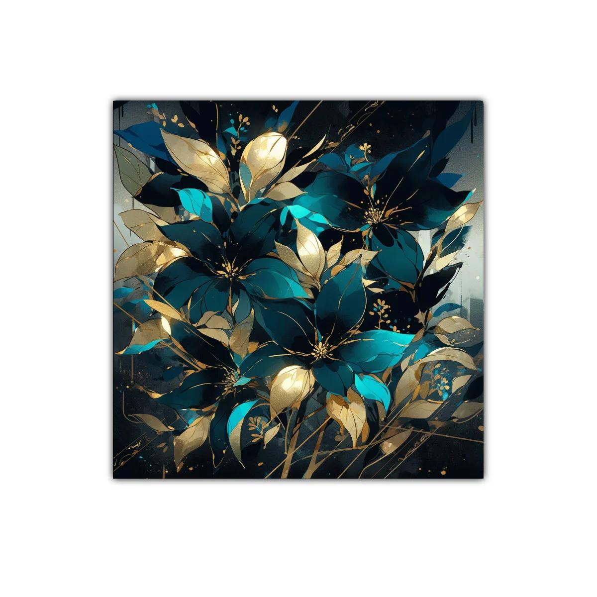 Cuadro moderno con flores azul y dorado brillante — imagen principal