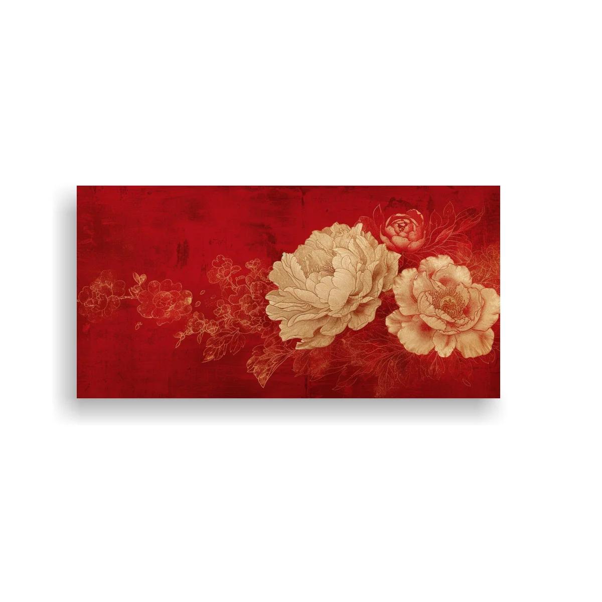 Cuadro peonías beige sobre fondo rojo texturizado