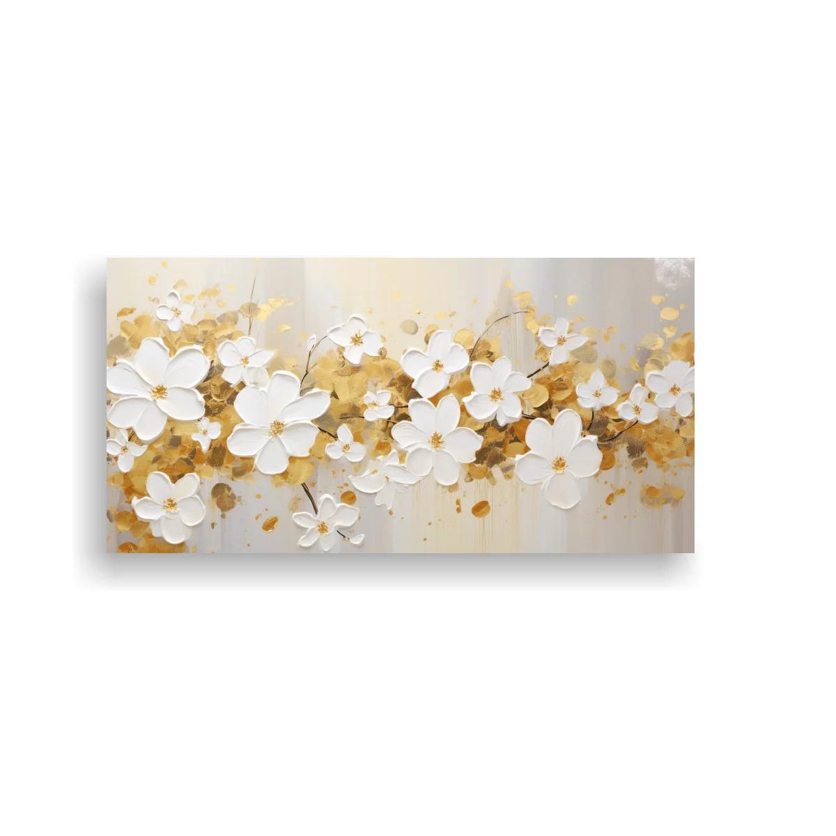 Cuadro flores blancas con follaje dorado