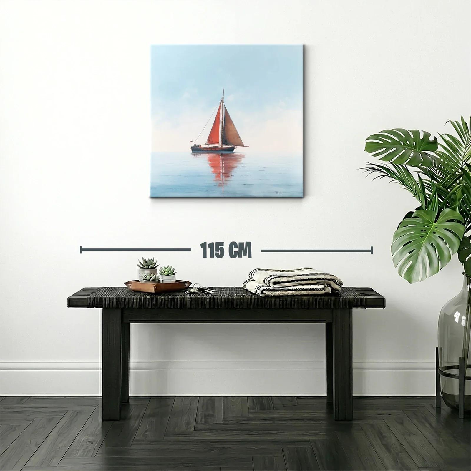 Velero con vela roja en mar tranquilo y cielo claro — miniatura 2