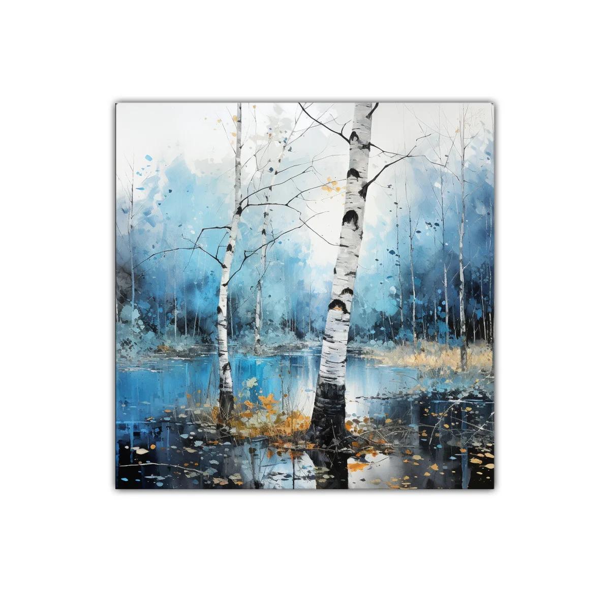 Bosque de abedules con reflejos en tonos azules y dorados — imagen principal