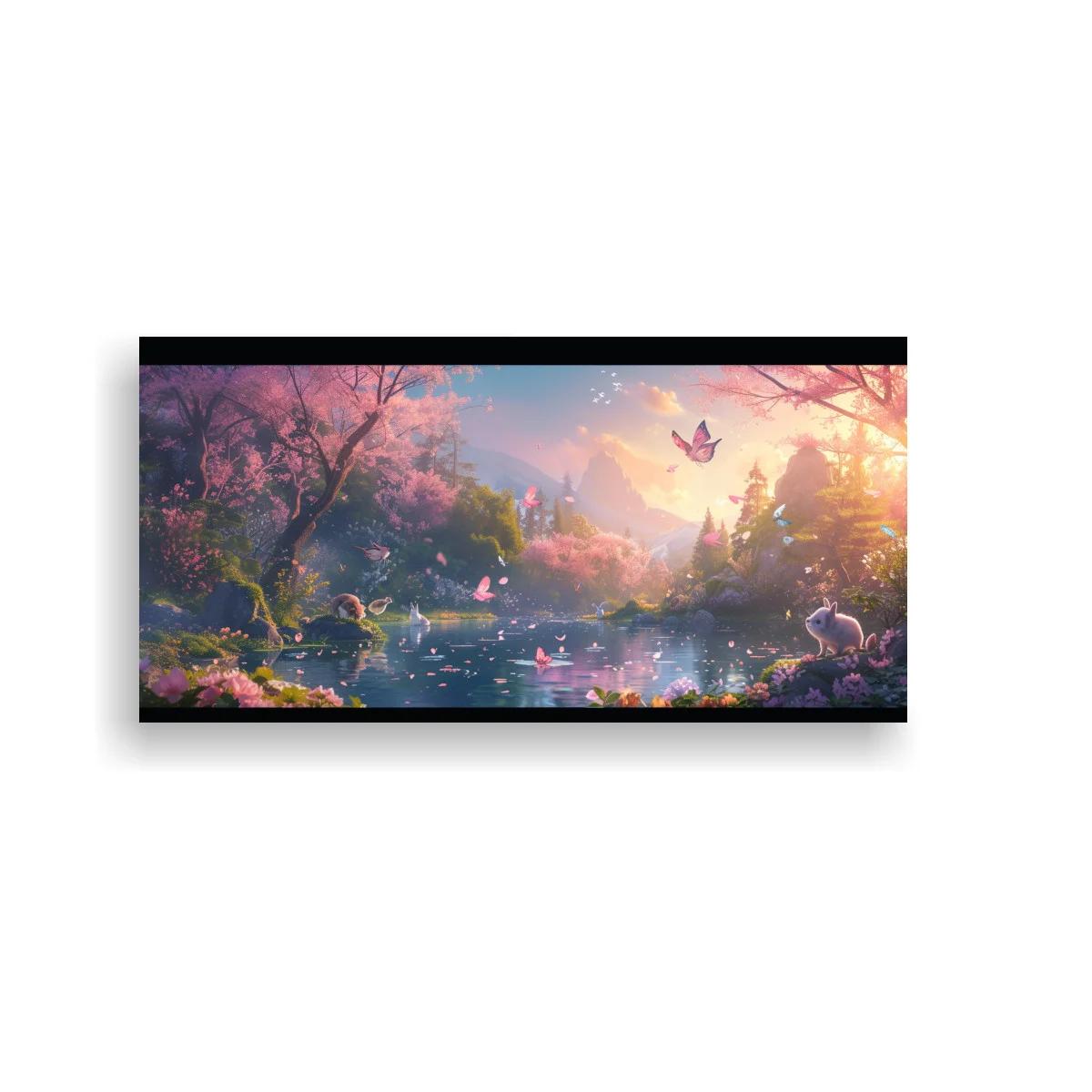 Cuadro paisaje de fantasía con lago y cisnes