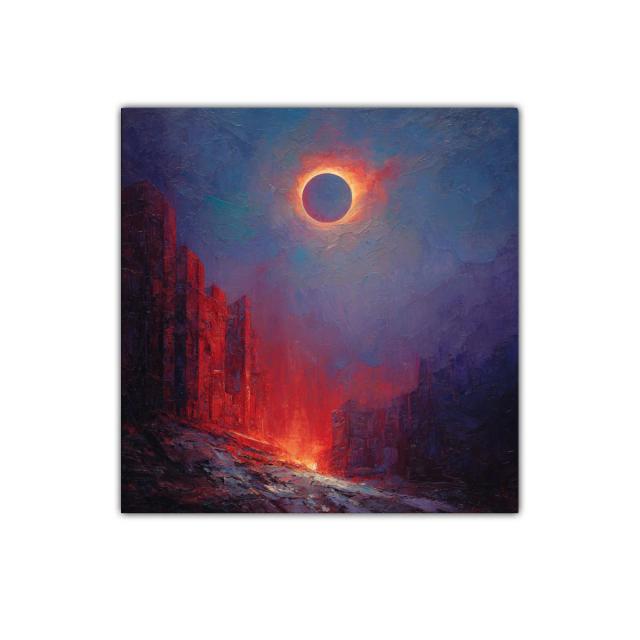 Eclipse solar sobre paisaje urbano en llamas