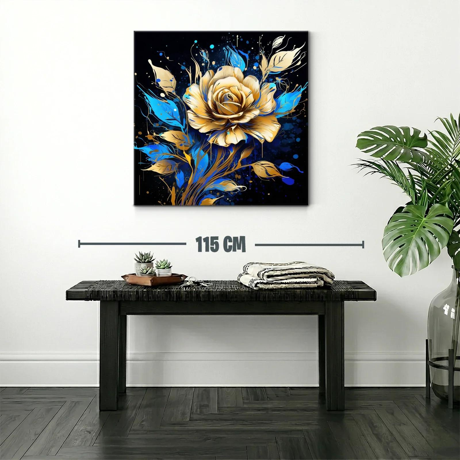 Rosa dorada con hojas azules sobre fondo oscuro — miniatura 2