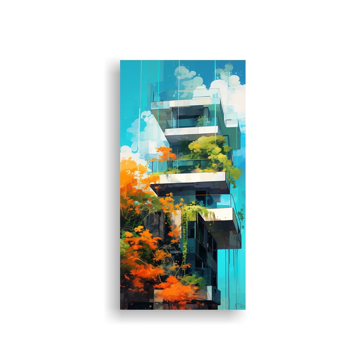 Cuadro edificio moderno con árboles naranjas y verdes